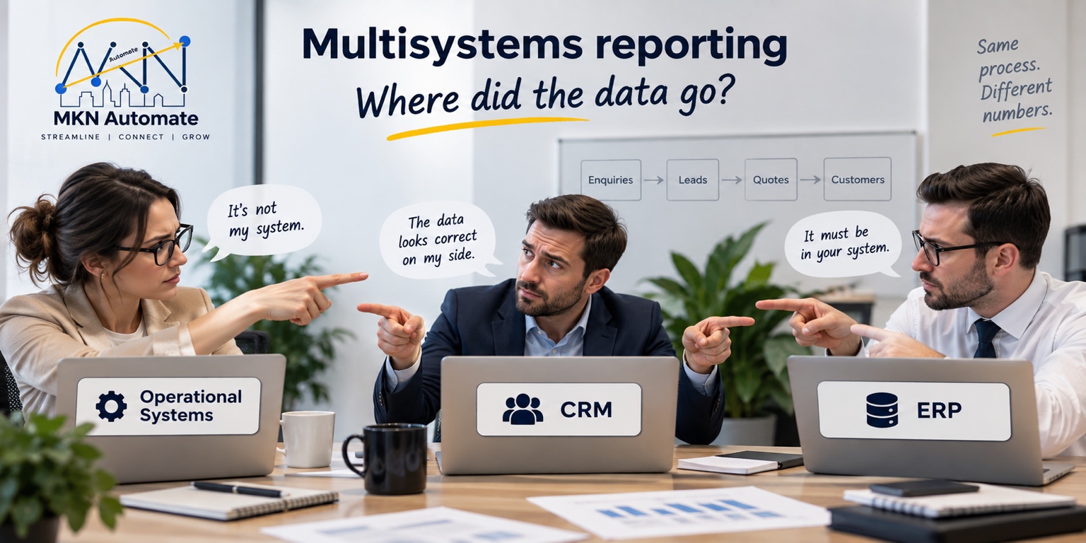 Multi-system reporting showing Operational Systems, CRM and ERP when business data does not match