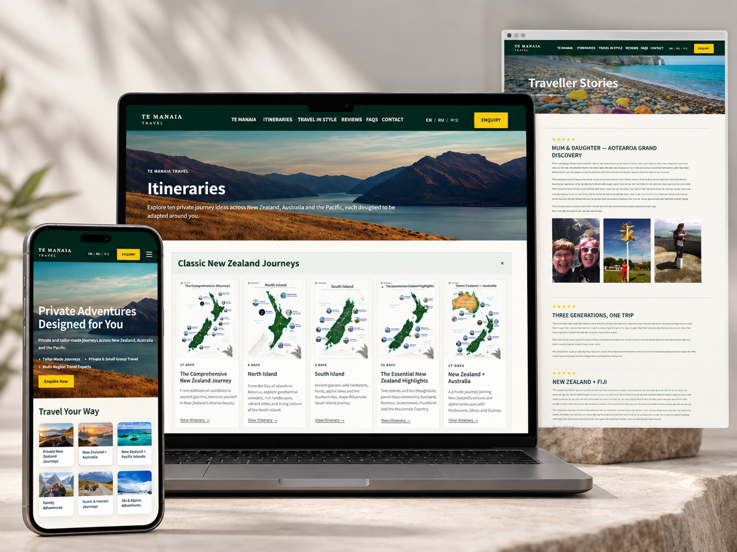 Te Manaia Travel website presentation on desktop and mobile devices