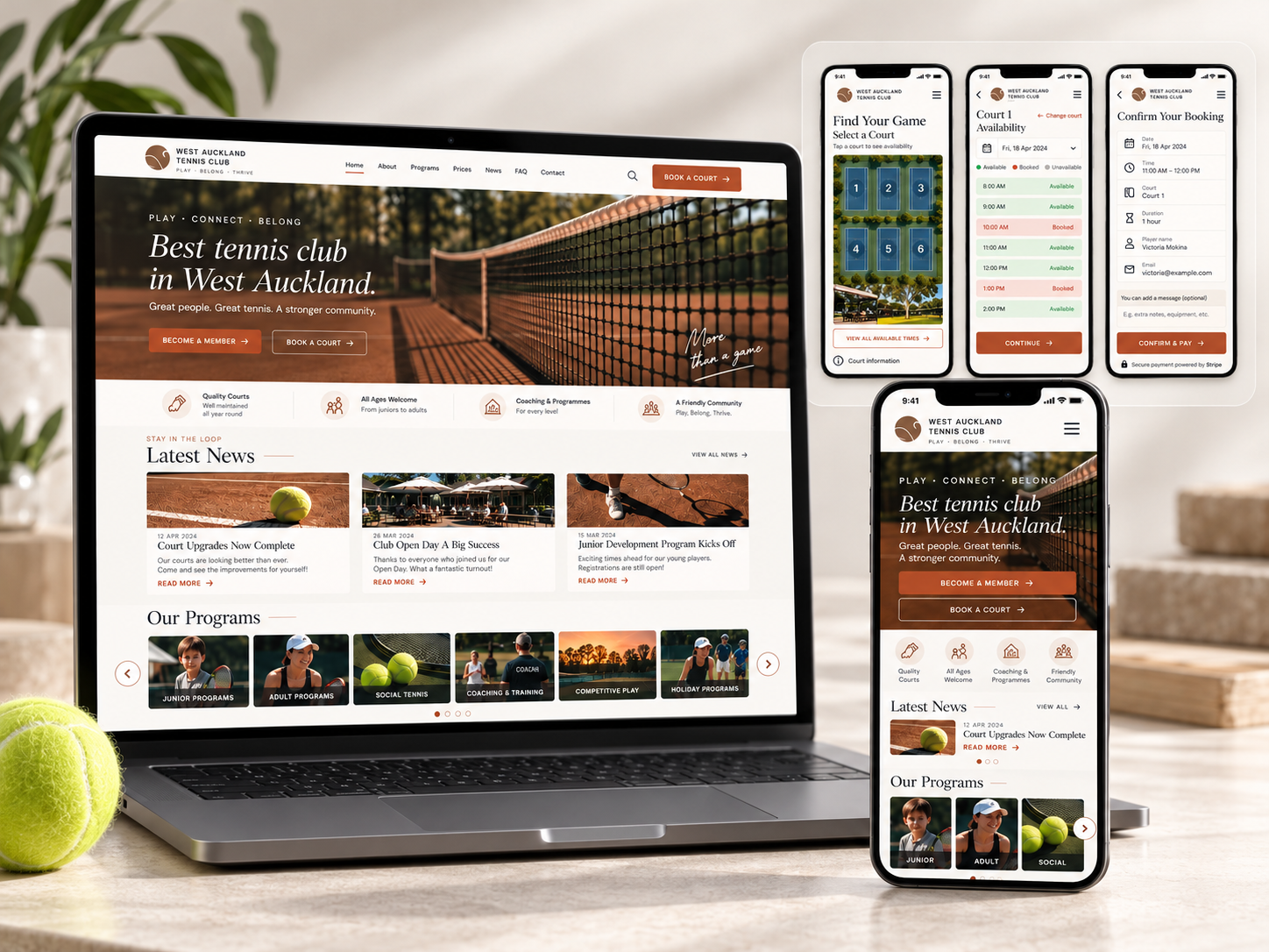 West Auckland Tennis Club website presentation on desktop and mobile devices
